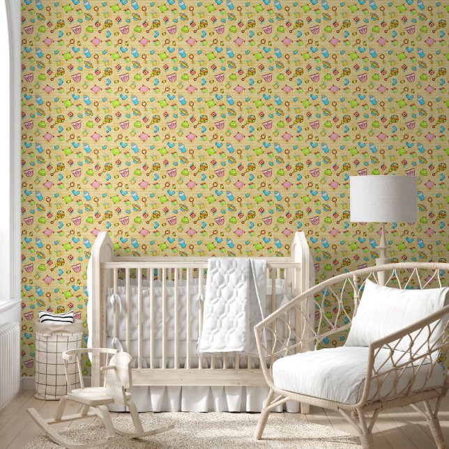 Cute Baby Girl Needs Rattle Blocks Yellow Pattern Wallpaper (Kids)