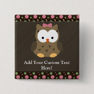 Cute Baby Girl Owl with Pink Bow 15 Cm Square Badge