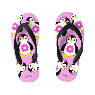 Cute Baby Girl Penguins with Pink Flowers Kid's Thongs