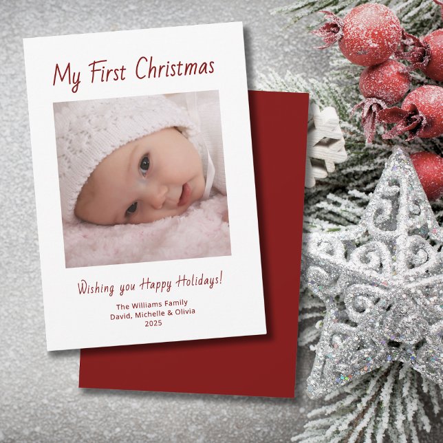 Cute Baby Girl Photo Modern First Christmas  Holiday Card (Creator Uploaded)