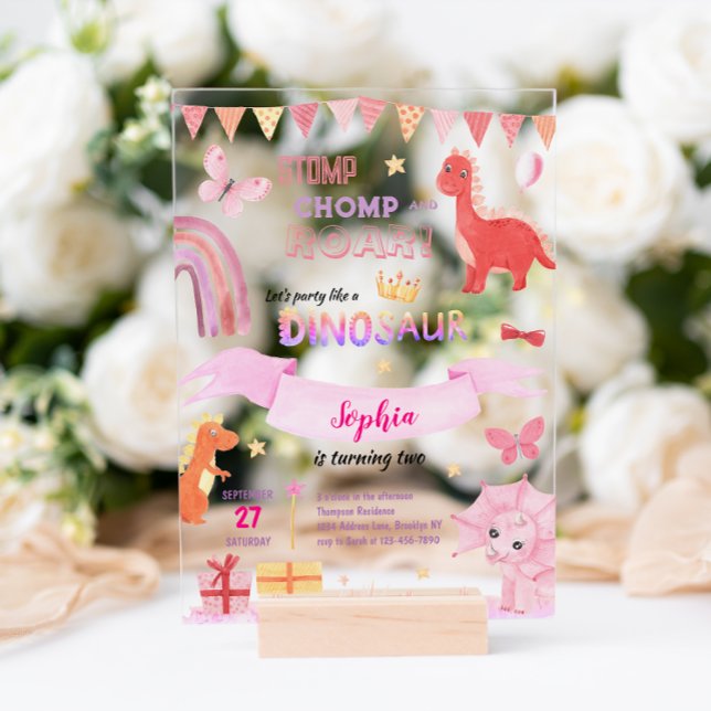 Cute Baby Girl Pink Dino Dinosaur Kids Birthday Acrylic Invitations (Creator Uploaded)