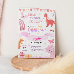 Cute Baby Girl Pink Dino Dinosaur Kids Birthday Invitation