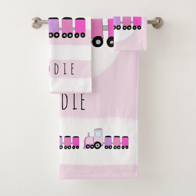 Cute Baby Girl Pink Locomotive Train & Name Bath Towel Set (Insitu)