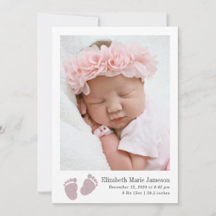 Cute Baby Girl Pink Newborn Footprint Photo Birth Announcement