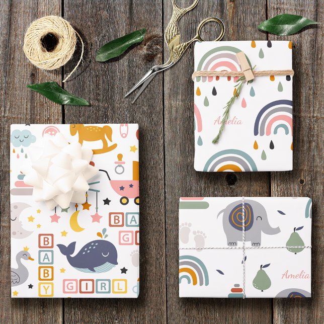 Cute Baby Girl Pink Pattern with Name Baby Shower  Wrapping Paper Sheet (Creator Uploaded)