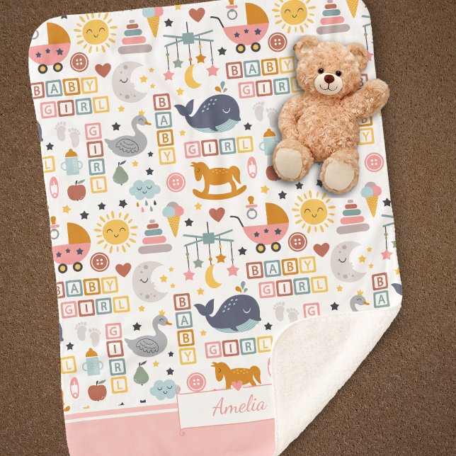 Cute Baby Girl Pink Pattern with Name Sherpa Blanket (Creator Uploaded)