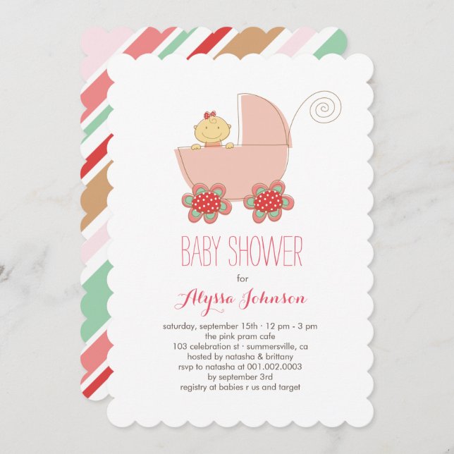 Cute Baby Girl Pink Pram Baby Shower Invite (Front/Back)