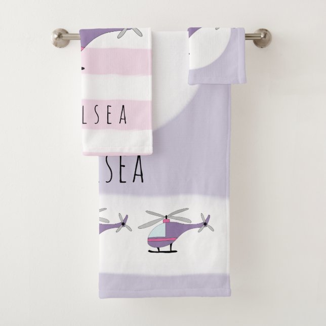 Cute Baby Girl Purple Helicopter & Name Bath Towel Set (Insitu)