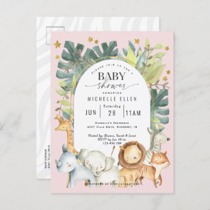 Cute baby girl safari jungle animals modern shower invitation postcard