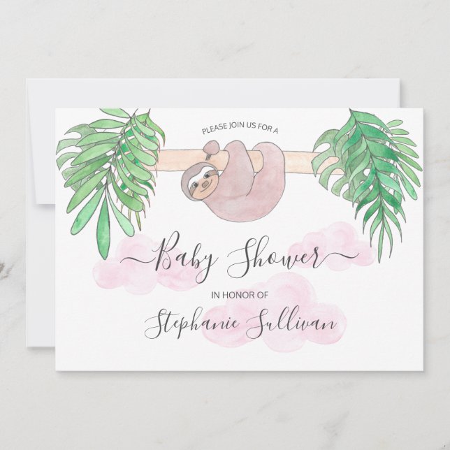 Cute Baby Girl Sloth Baby Shower Invitation (Front)