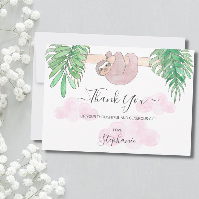 Cute Baby Girl Sloth Baby Shower Thank You Card (Creator Uploaded)