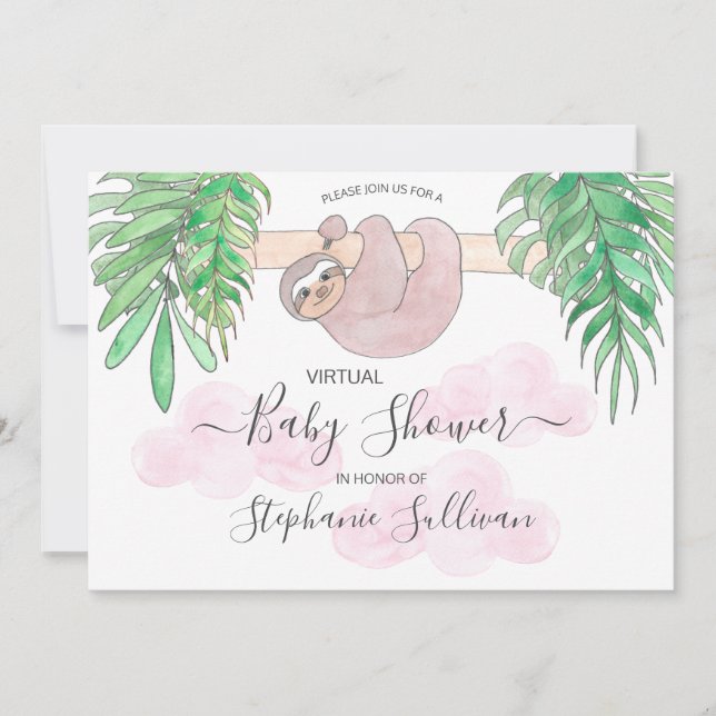 Cute Baby Girl Sloth Virtual Baby Shower Invitatio Invitation (Front)
