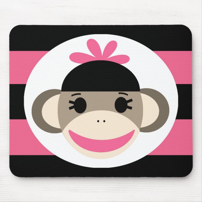 Cute Baby Girl Sock Monkey Black Pink Stripes Mouse Pad (Front)