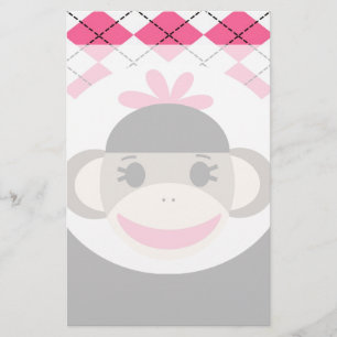 Cute Baby Girl Sock Monkey Pink Black Argyle Stationery