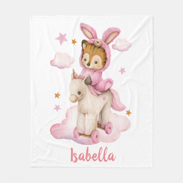 Cute baby girl tiger pink pyjamas fleece blanket (Front)