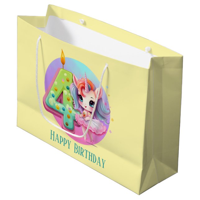 Cute baby girl unicorn 4th Birthday Large Gift Bag (Front Angled)