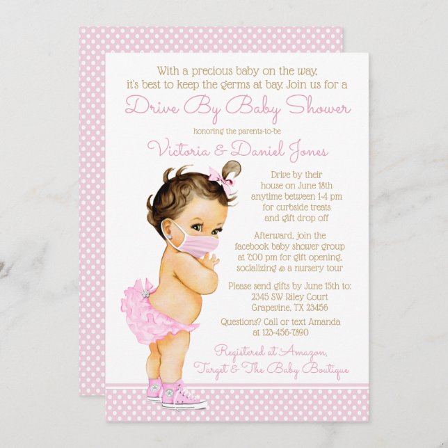 Cute Baby Girl With Mask Drive By Baby Shower Invitation (Front/Back)