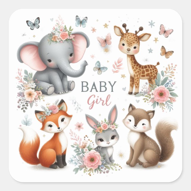Cute Baby Girl Woodland Animals with Flowers  Square Sticker (Front)