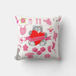 Cute Baby Girly Pink Teddy Bear Personalised Cushion