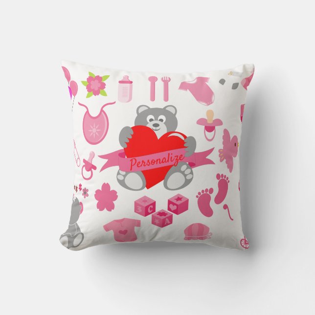Cute Baby Girly Pink Teddy Bear Personalised Cushion (Front)