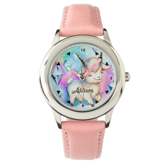 Cute Baby Goat and Diamonds Rainbow Watercolor Watch (Front)