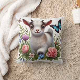Cute Baby Goat Butterflies Wildflowers Farm Art Cushion