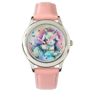 Cute Baby Goat Diamonds Rainbow Watercolor Art Watch