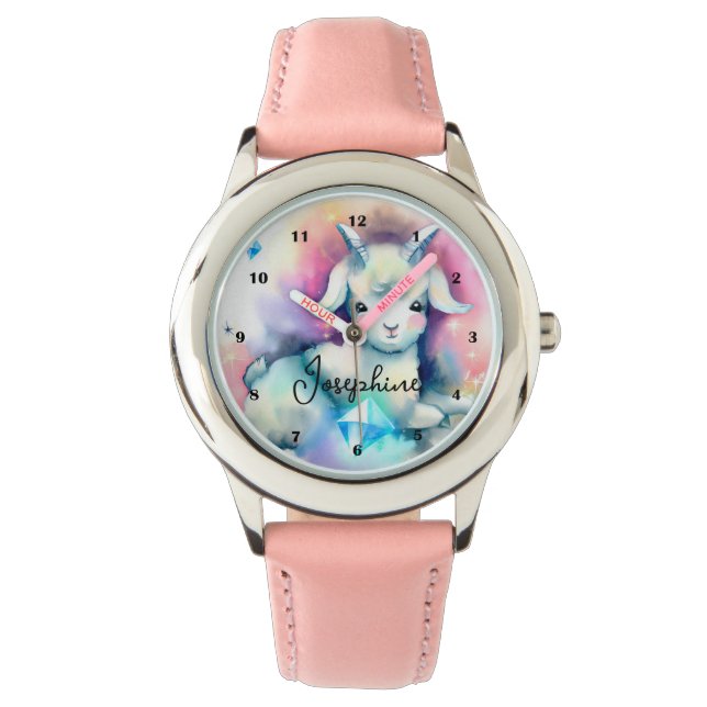 Cute Baby Goat Diamonds Rainbow Watercolor Art Watch (Front)
