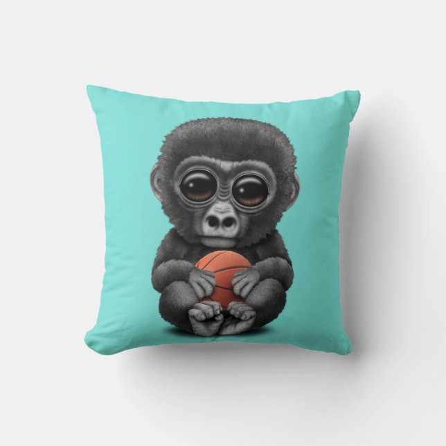 Cute Baby Gorilla Playing With Basketball Cushion (Front)