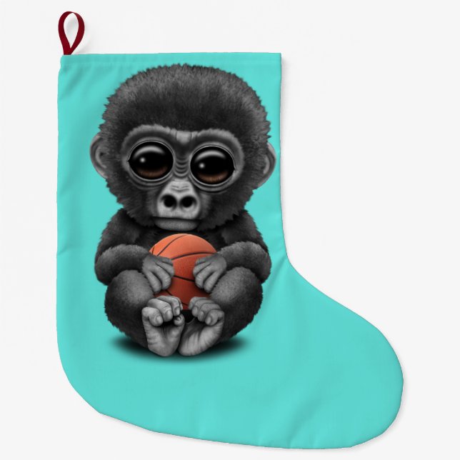 Cute Baby Gorilla Playing With Basketball Large Christmas Stocking (Front)