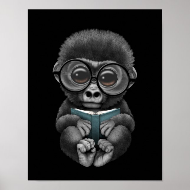 Cute Baby Gorilla Reading a Book on Black Poster (Front)