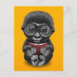 Cute Baby Gorilla Reading a Book on Yellow Postcard
