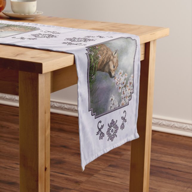 Cute Baby Gray Wolf Pup and Flowers Medium Table Runner (In Situ)
