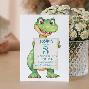 Cute Baby Green Dinosaur Kids Birthday Party Invitation