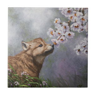 Cute Baby Grey Wolf Pup and Flowers Ceramic Tile