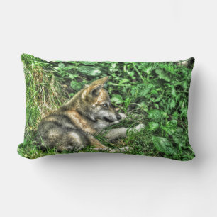 Cute Baby Grey Wolf Pup Wildlife Photo Lumbar Cushion
