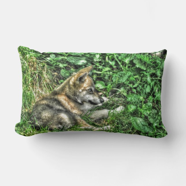Cute Baby Grey Wolf Pup Wildlife Photo Lumbar Cushion (Front)