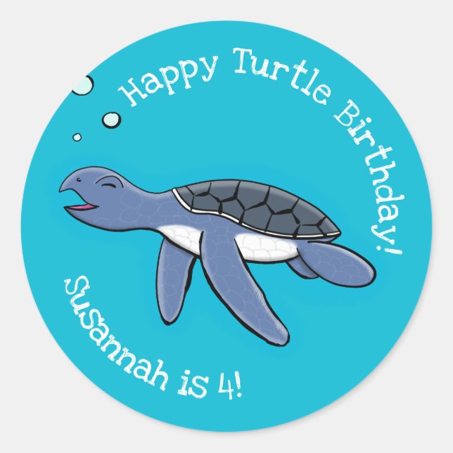 Cute baby happy sea turtle swimming cartoon classic round sticker (Front)