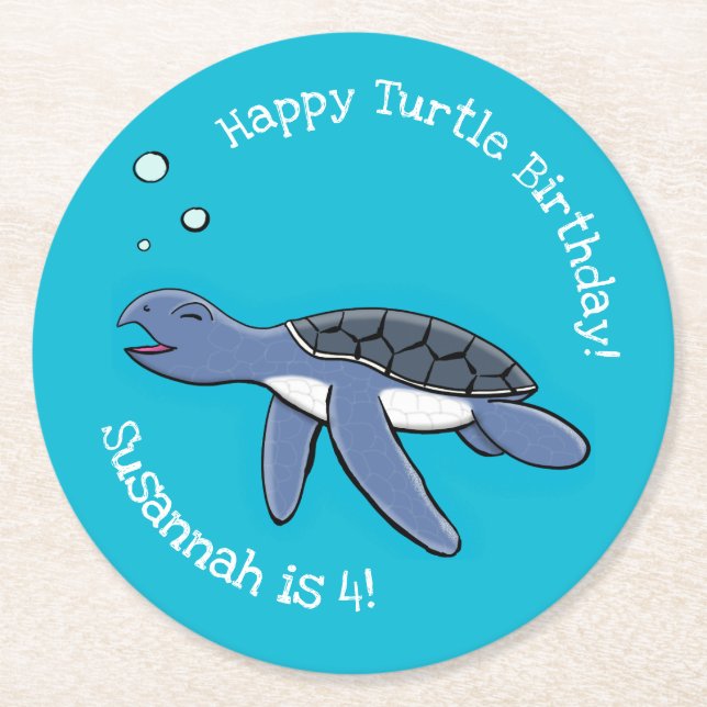 Cute baby happy sea turtle swimming cartoon round paper coaster (Front)