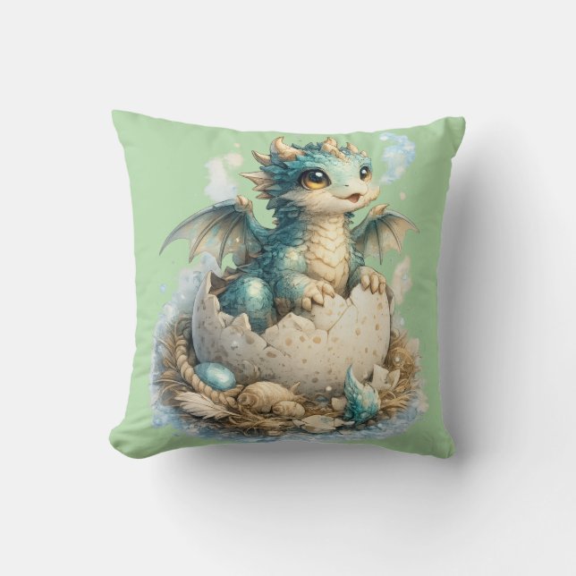 Cute Baby Hatching Dragon Green Throw Pillow (Front)