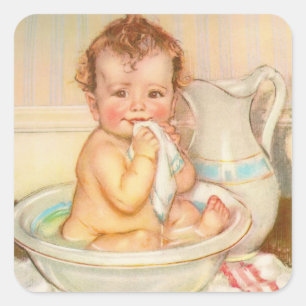 Cute Baby Having a Bath Square Sticker