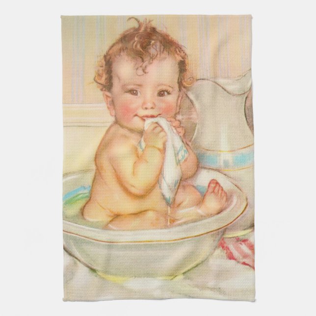 Cute Baby Having a Bath Tea Towel (Vertical)