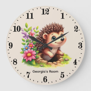 Cute baby hedgehog girls add name large clock