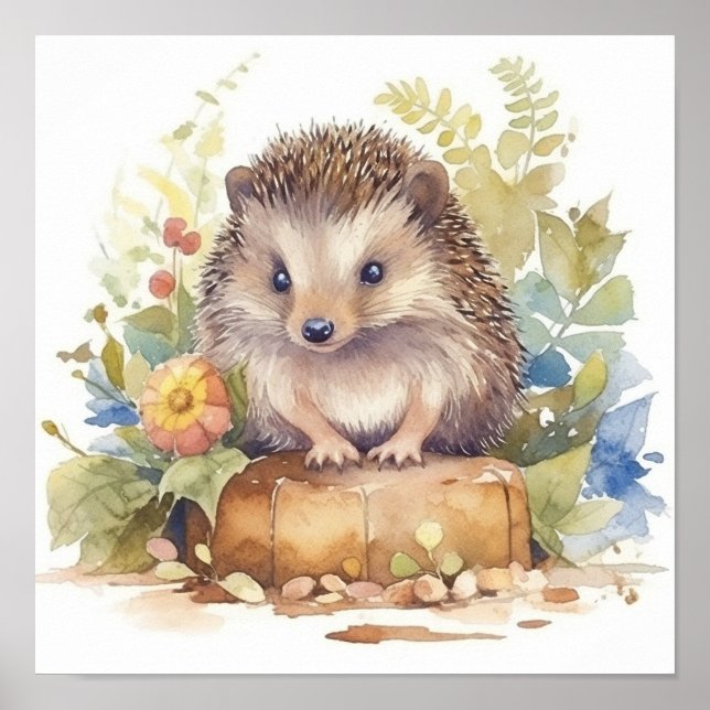 Cute Baby Hedgehog in a Flower Garden Watercolor Poster (Front)