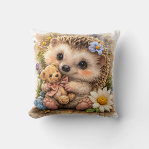 Cute Baby Hedgehog With Teddy Bear Floral Kawaii N Cushion