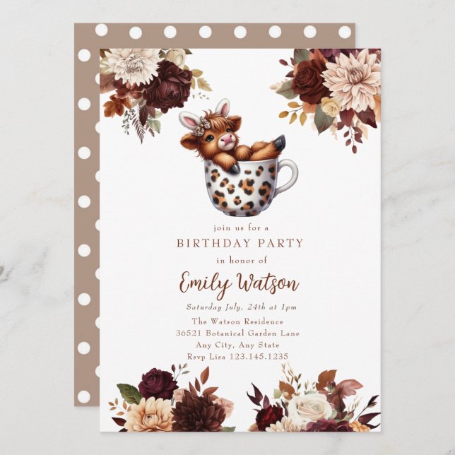 Cute Baby Highland Cow | Birthday Tea Party Invitation (Front/Back)