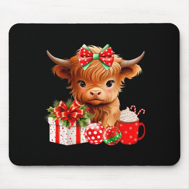 Cute Baby Highland Cow Merry Christmas Farmer Cow  Mouse Pad (Front)