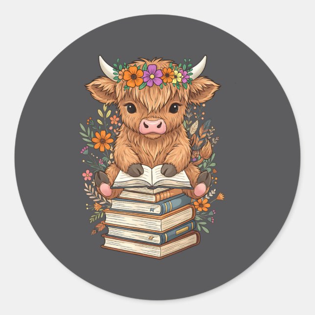 Cute Baby Highland Cow Reading Book Librarian Book Classic Round Sticker (Front)