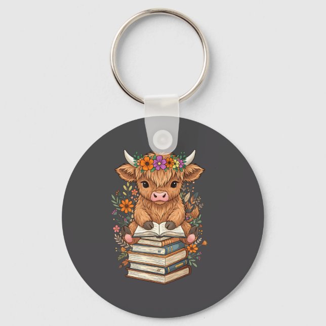 Cute Baby Highland Cow Reading Book Librarian Book Key Ring (Front)