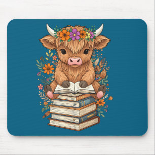 Cute Baby Highland Cow Reading Book Librarian Book Mouse Pad